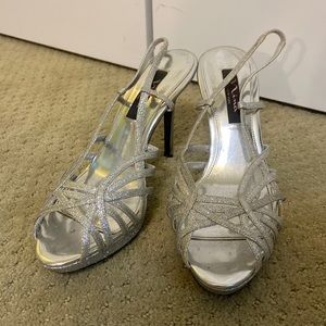 Silver glitter sandal heels